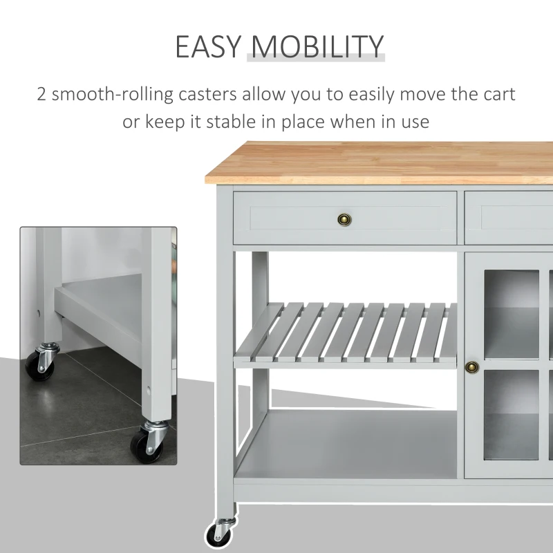 HOMCOM Rolling Kitchen Island with Storage, Kitchen Cart with Solid Wood Top, Glass Door Cabinet, Adjustable Shelf, Towel Rack, 2 Drawers for Dining Room, Gray
