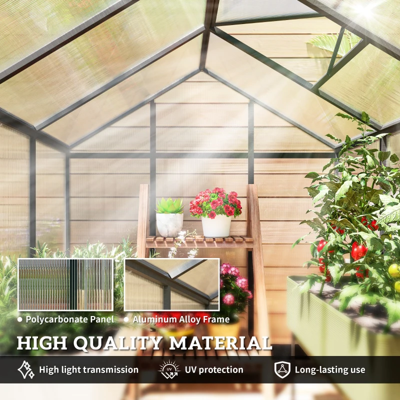 Outsunny 6' x 8' x 6.4' Polycarbonate Greenhouse, Aluminum Walk-In Green House Kit Garden, Plants Grow with Rain Gutter and Roof Vent, Charcoal Grey