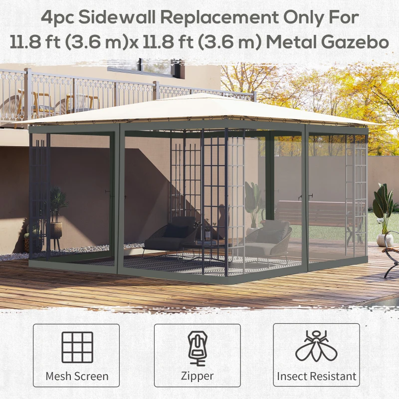 Outsunny Replacement Mosquito Netting for Gazebo 12' x 12' Black Screen Walls for Canopy with Zippers