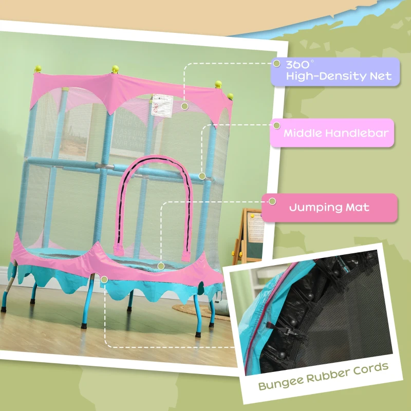 Qaba Trampoline for Kids, 4.6FT Mini Toddler Trampoline Indoor Outdoor with Handlebar, Safety Enclosure Net, Pink