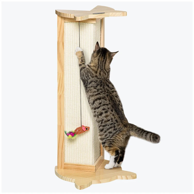 PawHut Sisal Cat Scratching Post, Cute Cat Scratcher with Hanging Funny Toy, 90° Angle for Wall Table Corners, Natural