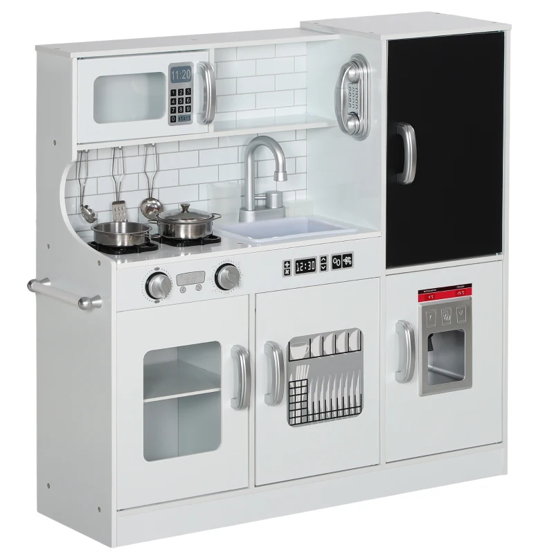 Qaba Pretend Play Kitchen, Kids Kitchen Playset with Play Phone, Chalkboard, Towel Rack & Ice Maker for 3-8 Years White