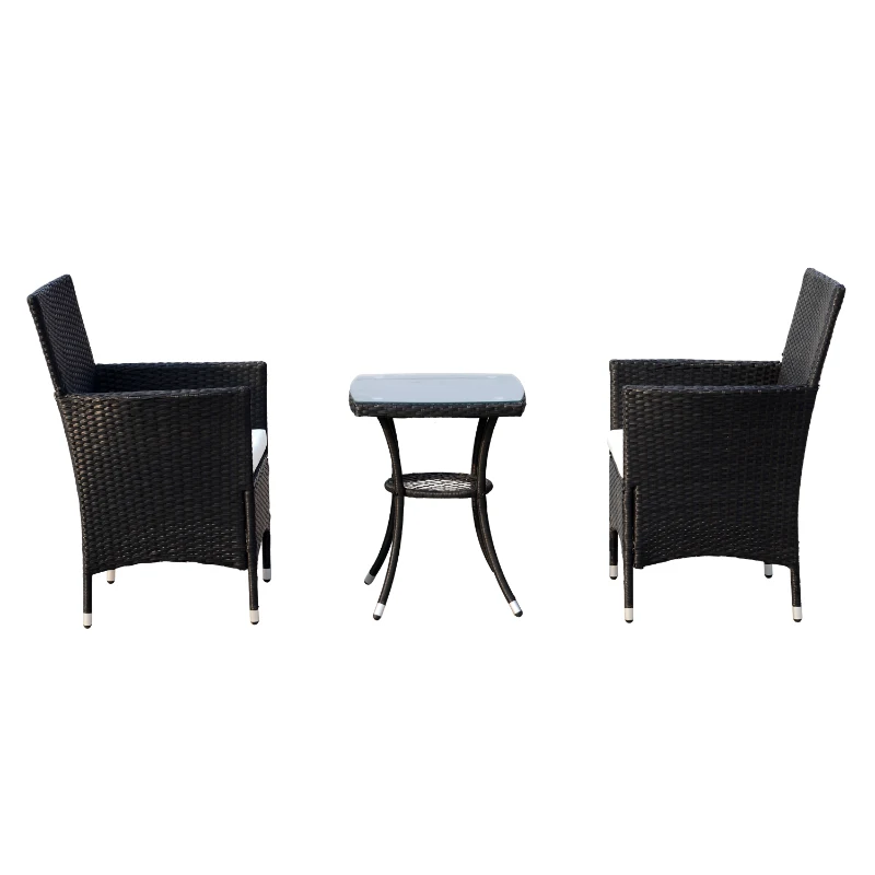 Outsunny 3 Piece Rattan Bistro Table Chairs Set Outdoor Cushioned - Black