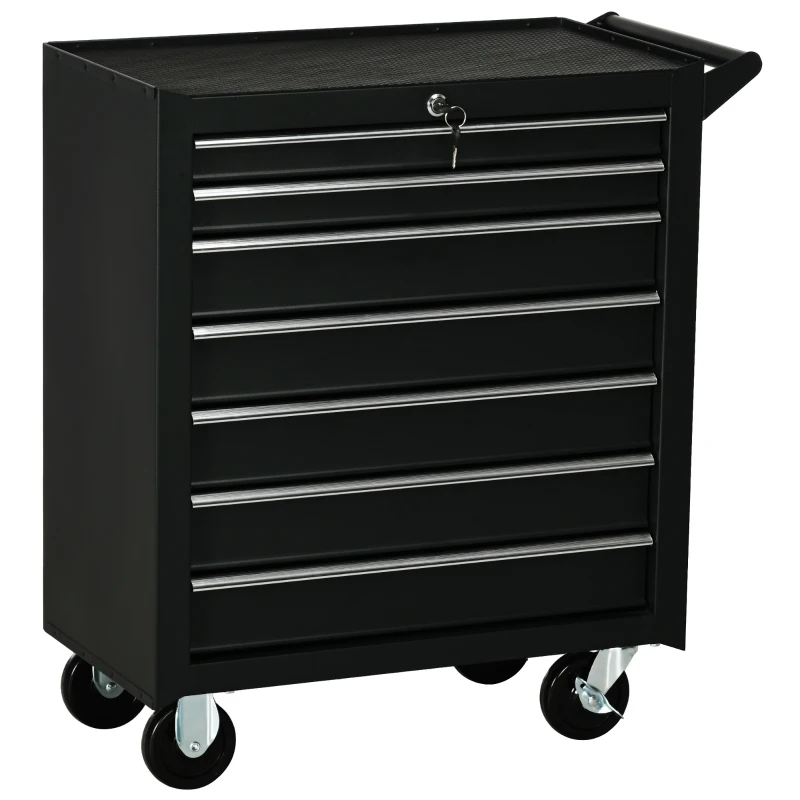 HOMCOM Mobile Lockable Toolbox, 7 Drawer Tool Chest, Storage Organizer with Handle for Workshop, Mechanics, Garage, Black