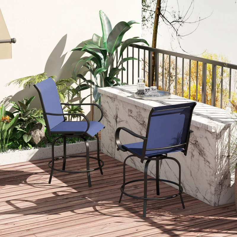 Outsunny Outdoor Bar Stools Set of 2, 360° Swivel Bar Height Chairs, 26.75" x 29.5" x 48.5", Navy Blue