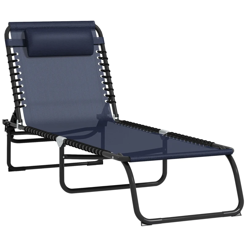 Outsunny Folding Lounge Chair, Adjustable Chaise Lounge with Headrest, Reclining Lounger Cot for Camping, Hiking, Dark Blue