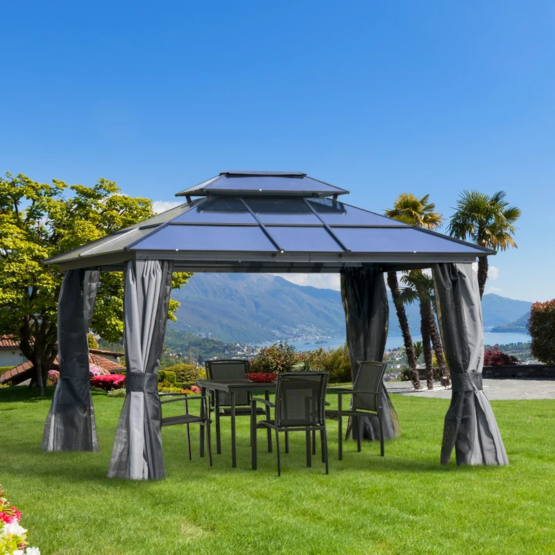 Outsunny 10'x12' Hardtop Patio Gazebo Aluminum Gazebo Canopy with Double Tier Roof, Curtains, Netting Sidewalls, Black & Grey