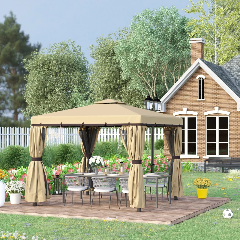 Outsunny 10' x 10' Patio Gazebo, Aluminum Frame Double Roof Outdoor Gazebo Canopy Shelter with Netting & Curtains, for Garden, Lawn, Backyard and Deck, Beige