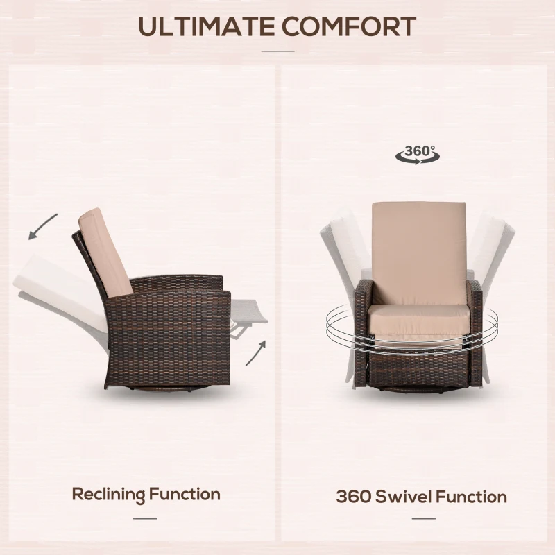 Outsunny Outdoor Wicker Swivel Recliner Chair, Reclining Backrest, Lifting Footrest, 360° Rotating Basic, Water Resistant Cushions for Patio, Khaki