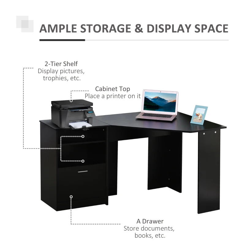 HOMCOM Computer Desk with Printer Cabinet, L-Shaped Corner Desk with Storage, Study PC Workstation for Home Office, Black