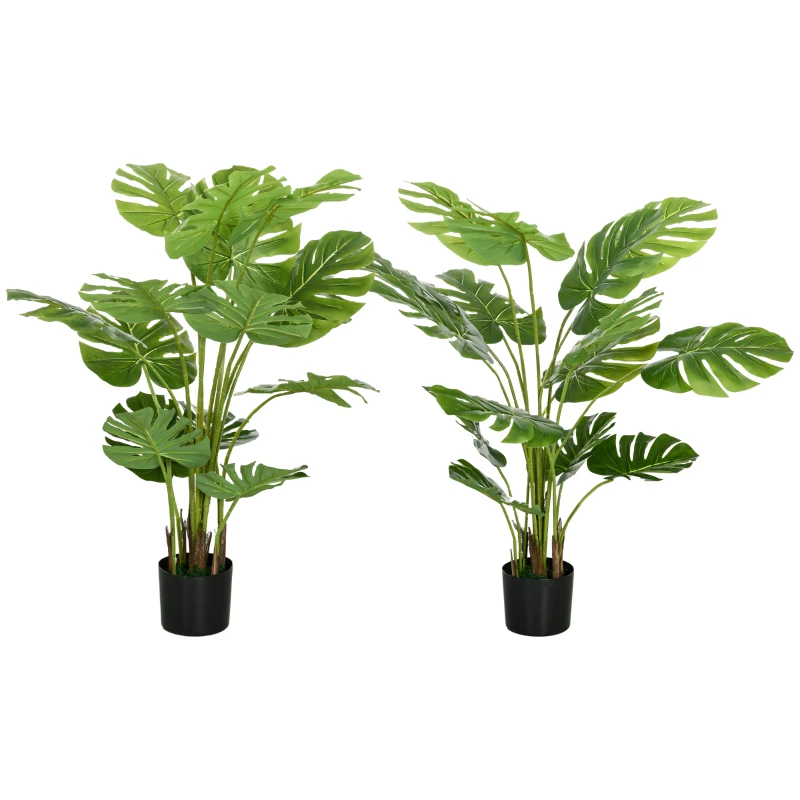 HOMCOM Set of 2 4ft Artificial Tree Monstera Deliciosa, Indoor Fake Tropical Palm with Pot, for Home Decor