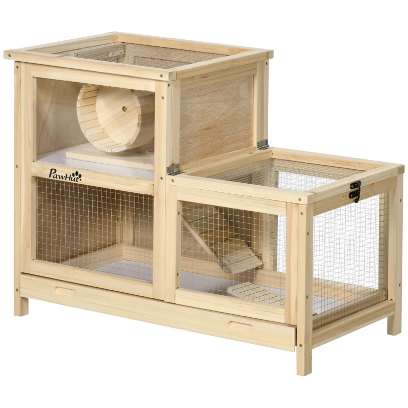 PawHut Wooden Hamster Cage, Mice Rodent Small Animals Kit Hutch, 2 Tiers Exercise Play House, with Sliding Tray, Ladder, Seesaw, Running Wheel, Openable Roofs, 31" x 16" x 23.5", Natural Wood