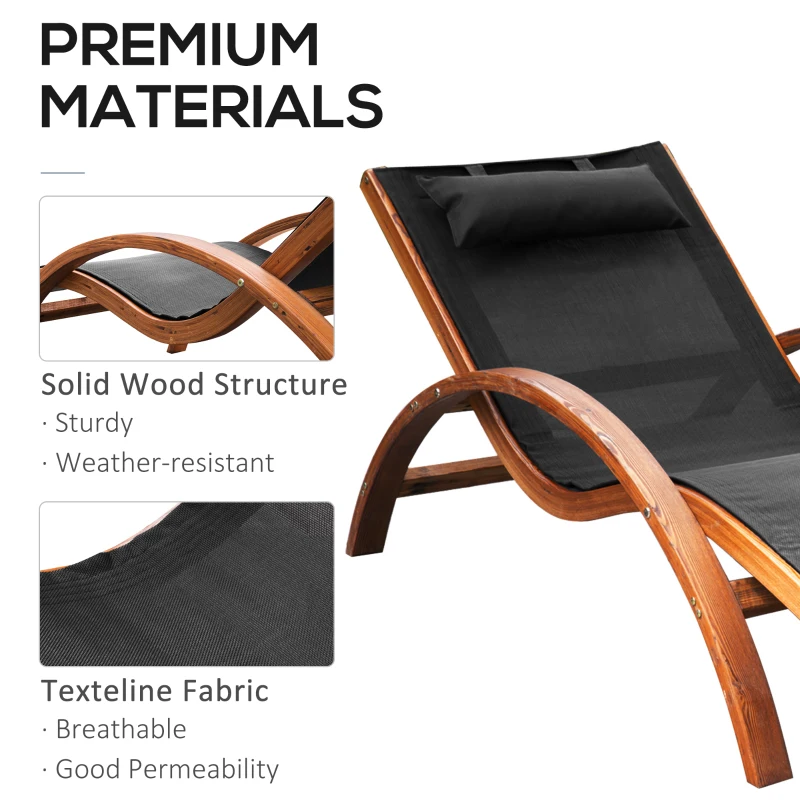 Outsunny Outdoor Wood Chaise Lounge Chair Recliner Patio Camping with Headrest, Teak & Black