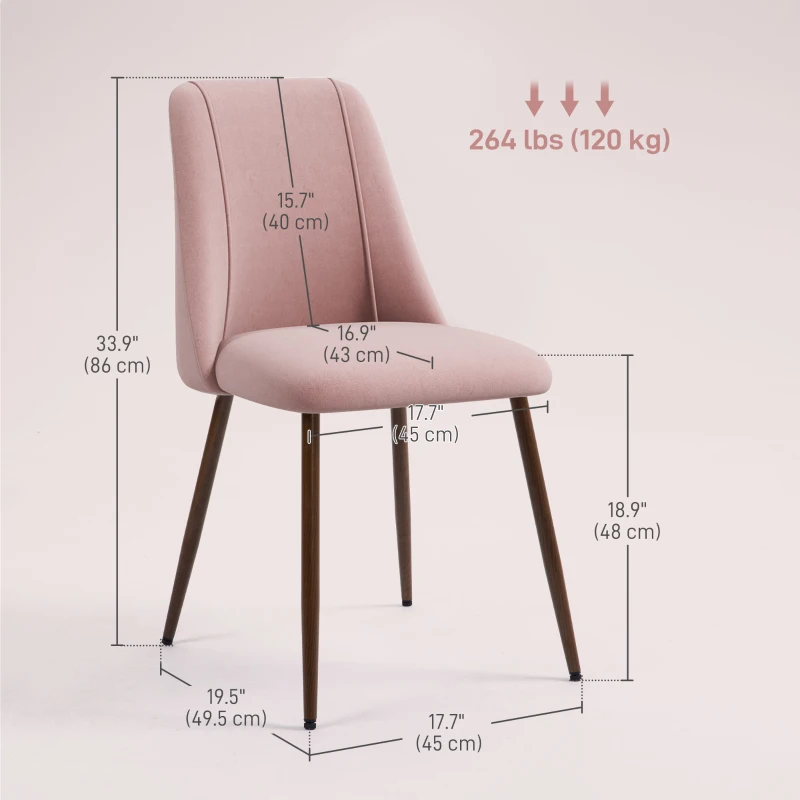 HOMCOM Upholstered Dining Chairs Set of 4, Velvet Accent Chair with Back and Wood-grain Steel Leg for Kitchen, Pink