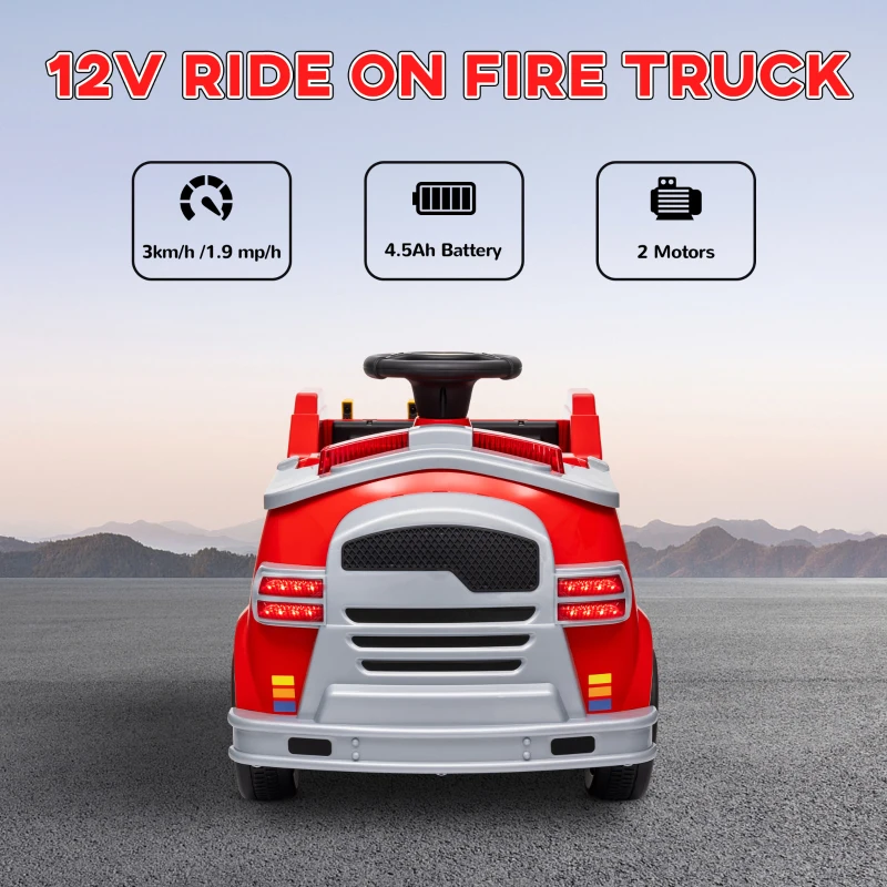 Qaba 12V Ride on Fire Truck with Siren, Flashing Lights Fire Extinguisher, Soft Start, Horn Music, Red