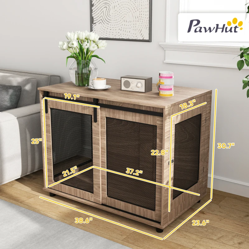 PawHut 39" Dog Crate Furniture, Dog Kennel Furniture End Table with Sliding Barn Door for Large Dogs, Walnut Brown