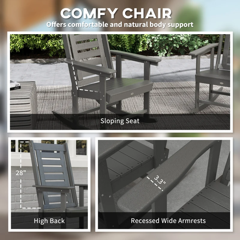 Outsunny 2 Pieces Outdoor Rocking Chairs, HDPE Patio Rockers with 28" High Back, Wide Armrests for Porch Backyard, Dark Gray