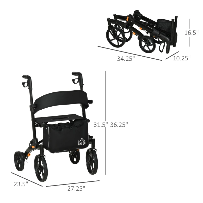 HOMCOM Aluminum Rollator Walker for Seniors and Adults with 10'' Wheels FSA HSA Eligible, Seat and Backrest, Folding Rolling Walker with Adjustable Handle and Storage Bag, Support up to 300lbs, Black