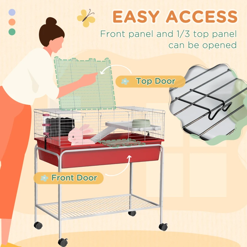 PawHut Two-Story Small Animal Cage Removable from Stand, Pet Habitat with Shelf & Wheels, 33" x 18.5" x 35", Red