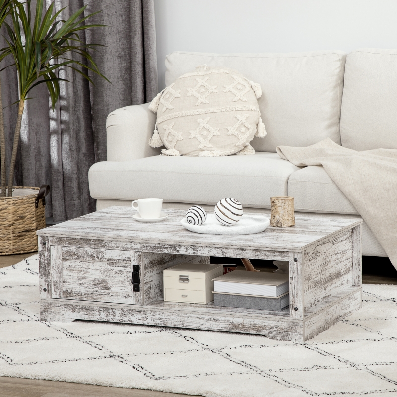 HOMCOM Coffee Table, Vintage Style Center Table with Cabinet, Open Storage Compartments, Coffee Tables for Living Room, Bed Room, White