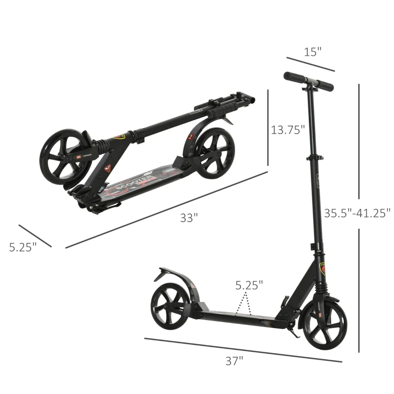 Soozier Foldable Kick Scooter Height Adjustable Ride On Bike with Real Wheel Brake, Dual Shock-Absorbing, Kickstand, and 7.75'' Big Wheels For 14+ Teens Adult, Black