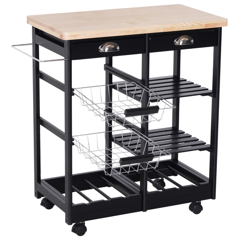 HOMCOM Rolling Kitchen Island Trolley Serving Cart Wheeled Storage Cabinet w/ Basket Shelves and Drawers Black