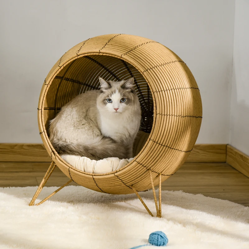 PawHut 20.5" Rattan Cat Bed, Wicker Elevated Round Condo for Comfort and Circulation with Cushion