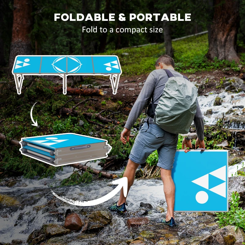 Outsunny Aluminum Camping Table with Adjustable Legs, 8ft Folding Picnic Table for Travel, BBQ, Beach or Hiking, Blue & White