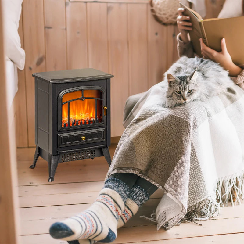 HOMCOM Fireplace Stove, Electric Fireplace Heater with Realistic LED Flames and Logs, 725W/1450W, Black