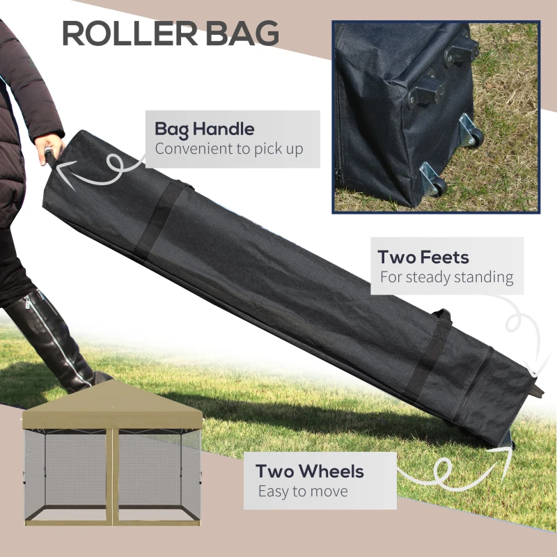 Outsunny 10' x 10' Pop Up Canopy Tent, Tents for Parties with Wheeled Carry Bag, Screen House Room, Height Adjustable Portable Gazebo, for Outdoor, Garden, Patio, Khaki