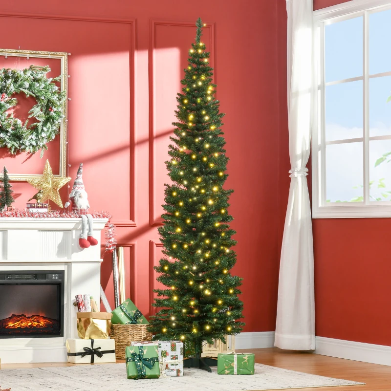 HOMCOM 7' Tall Pre-Lit Slim Noble Fir Artificial Pencil Christmas Tree with 200 Warm White LED Lights and 499 Tips, for Christmas Decoration, Green