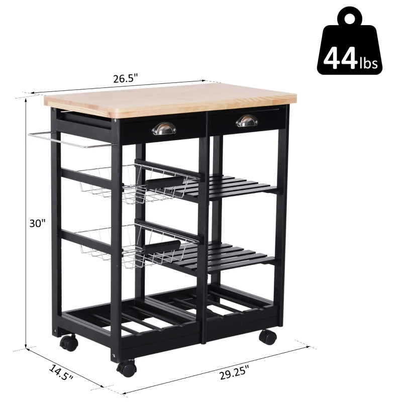 HOMCOM Rolling Kitchen Island Trolley Serving Cart Wheeled Storage Cabinet w/ Basket Shelves and Drawers Black