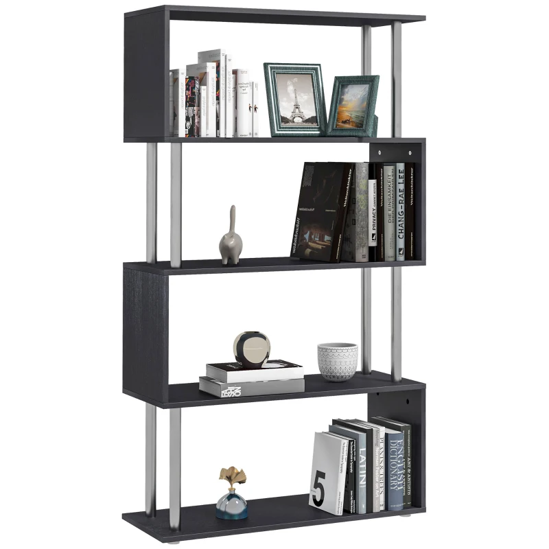 HomCom Modern S-Shaped 5 Tier Room Dividing Bookcase Wooden Storage Display Stand Shelf - Black
