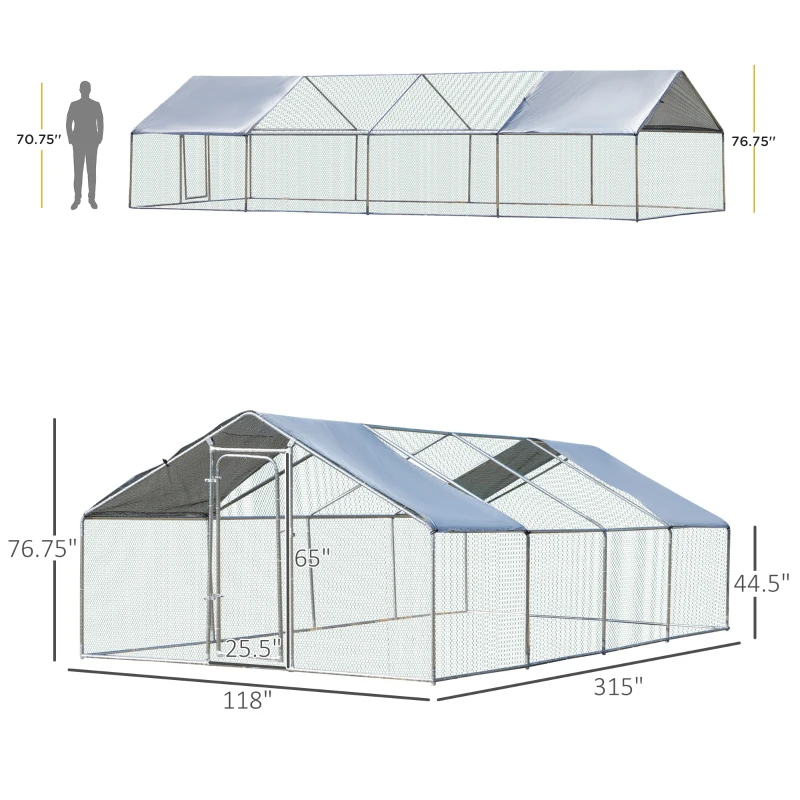 PawHut 9.8' x 26.2' Metal Chicken Coop, Galvanized Walk-in Hen House, Poultry Cage with 1.25" Tube, Waterproof UV-Protection Cover for Rabbits, Ducks