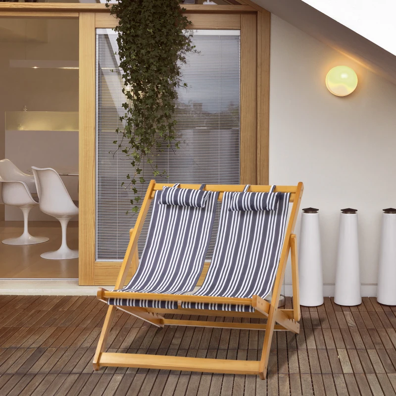 Outsunny 2-Person Sling Chair, Reclining Double Lounger for Patio, Beach, Camping, Lawn, Wood Folding Chair with Recliner Design for 2 Adults, White & Gray Stripes