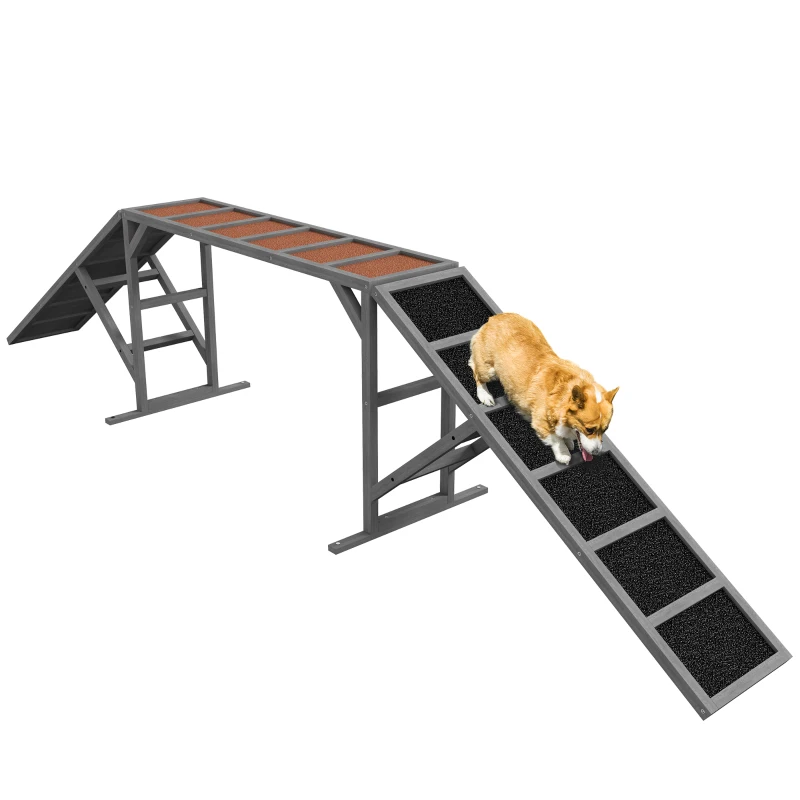 PawHut Dog Agility Equipment Ramp with Safety Bar, Non-slip Surface, for Walk and Pause Training, Gray