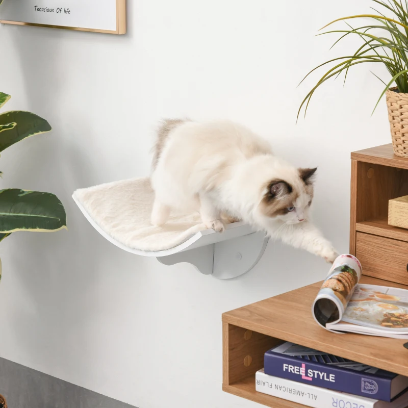 PawHut Wood Wall-Mounted Cat Shelves, Curved Kitten Bed Cat Perch Climber with Fleece Top, 16.25" x 11" x 8.25", White