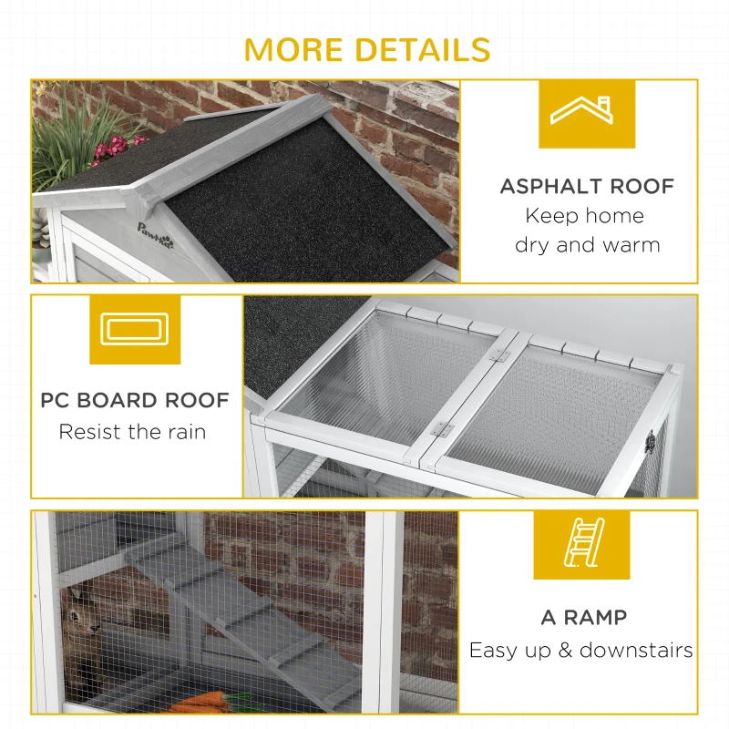 PawHut 65" Wooden Rabbit Hutch, Pet Playpen with Openable Roof, Storage Box, for Rabbits and Small Animals, Grey