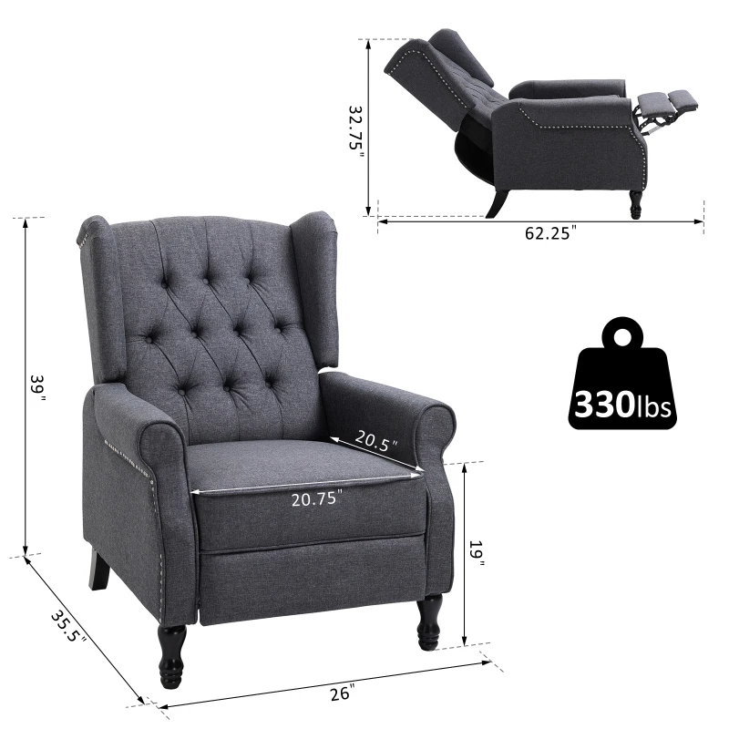 HOMCOM Fabric Upholstered Wingback Recliner, Tufted Push Back Accent Chair, Linen Arm Chair with Footrest, Armrest, Padded Cushion, Dark Grey