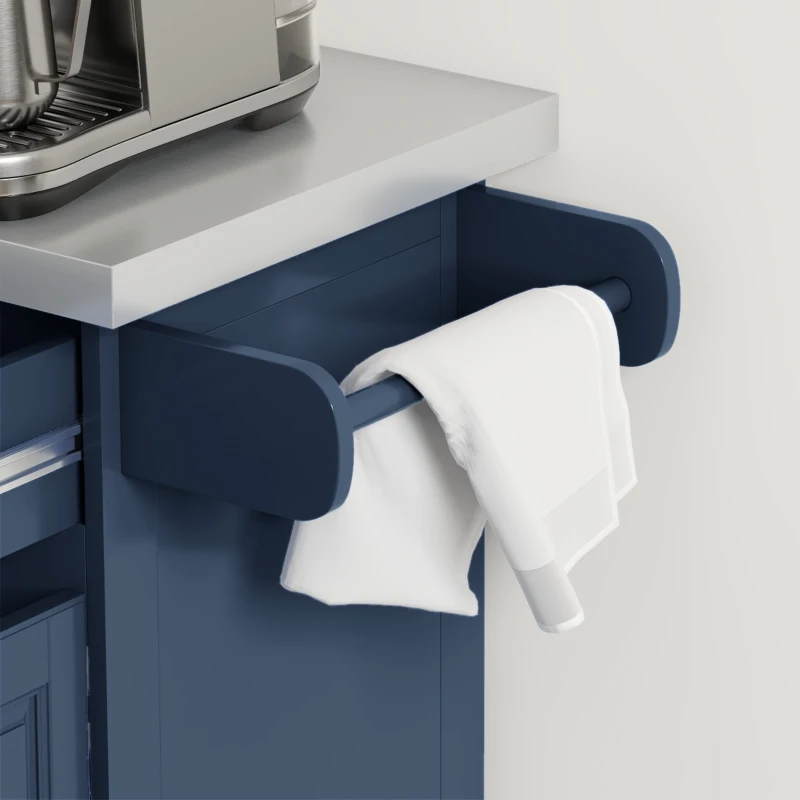 HOMCOM Rolling Kitchen Island with Stainless Steel Top, 2 Drawers, Spice, Knife and Towel Rack and Cabinets, Navy Blue