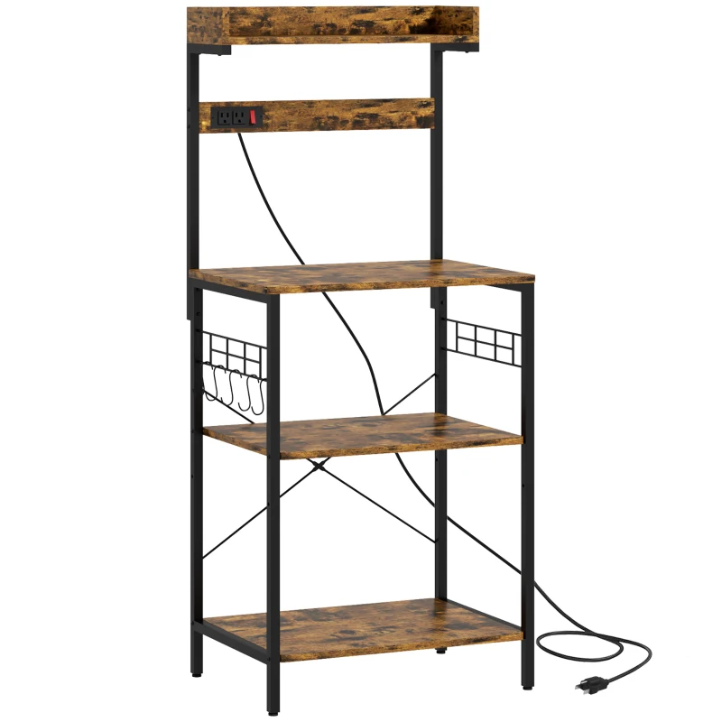 HOMCOM Kitchen Baker's Rack with Power Outlet, Coffee Bar Station with Adjustable Shelves and Hooks, Rustic Brown