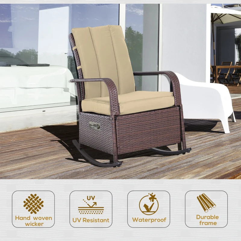 Outsunny Outdoor Wicker Rocking Chair Patio PE Rattan Recliner Chair with Cushion, Adjustable Footrest, Armrests, Khaki