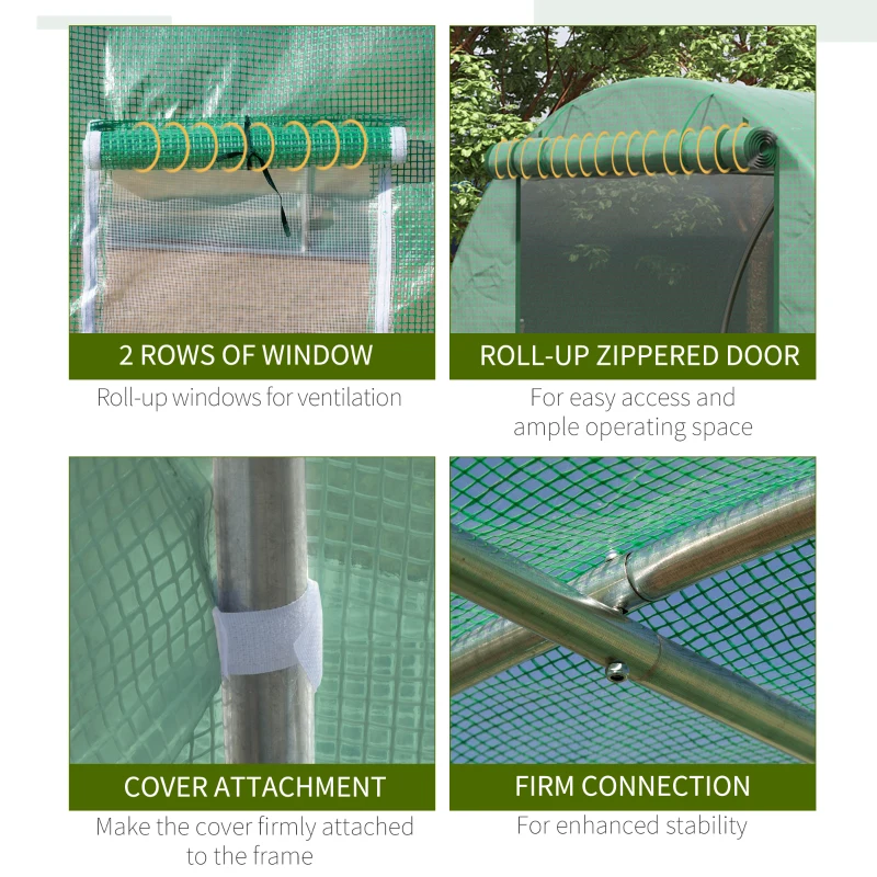 Outsunny 14.6' x 6.6' x 6.6' Walk-in Tunnel Hoop Greenhouse with Mesh Door & 8 Windows, Large Green House for Outside for Plants, Flowers, Vegetables, Galvanized Steel Frame & PE Cover, Green