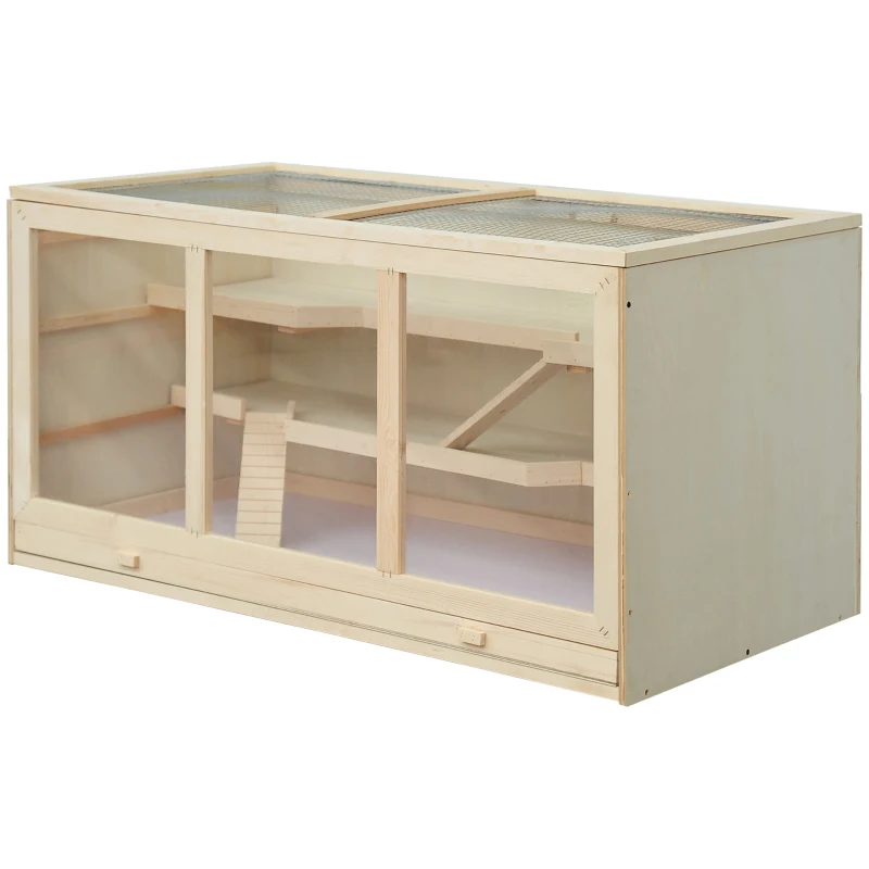PawHut 45" Extra Large Wooden Hamster Cage, 3-Layer Rat Cage with Opening Roof, PVC Window, Small Animal Habitat for Gerbil, Dwarf & Syrian Hamsters, Natural