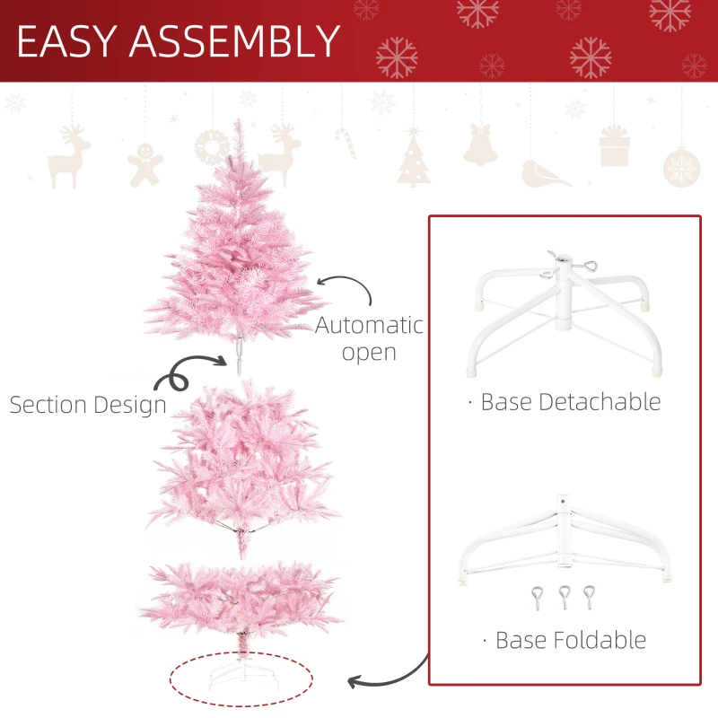 HOMCOM 6FT Artificial Christmas Tree Holiday Xmas Tree Decoration with Automatic Open for Home Party, Pink