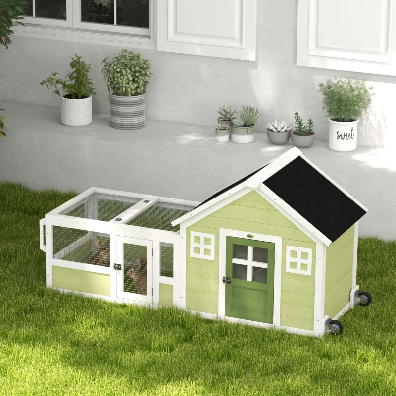 PawHut 64 Inch Rabbit Hutch with Asphalt Roof, Handle, Wheels, Multicolo