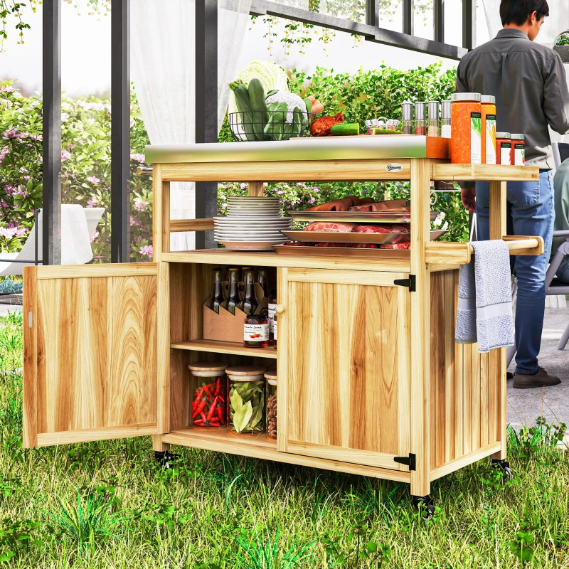 Outsunny Outdoor Grill Cart w/ Stainless Steel Top, Solid Wood Outdoor Kitchen Island w/ Wheels, Storage Cabinets, Natural Wood