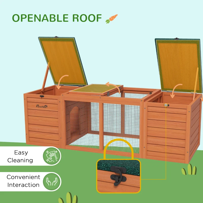 PawHut Outdoor Rabbit Cage Wooden Rabbit Hutch with Double Main House, Openable Tops, Asphalt Roofs for 1-2 Rabbits, Orange