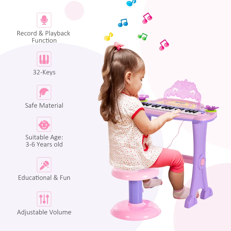 Qaba 32-Key Princess Electronic Toy Piano for Kids, Educational Keyboard Piano with Stool, MP3, Record, Flashing Lights, Microphone for 3-6 Years, Pink