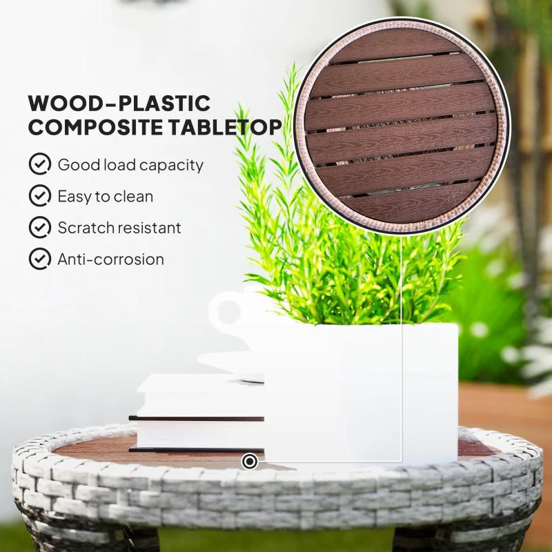 Outsunny 18" Wicker Outdoor Coffee Table, PE Rattan Patio Side Table with 2-Tier Storage, Composite Wood Top, Mixed Gray